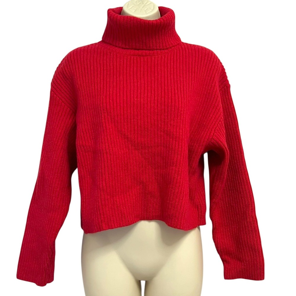 Line & Dot Sweater Womens Small Red Turtleneck Ribbed Knit‎ Cropped Pullover